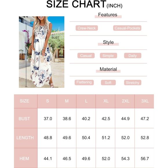 🆕 Women's White Floral Sleeveless Maxi Dress Polyester Casual Sundress - Picture 6 of 6